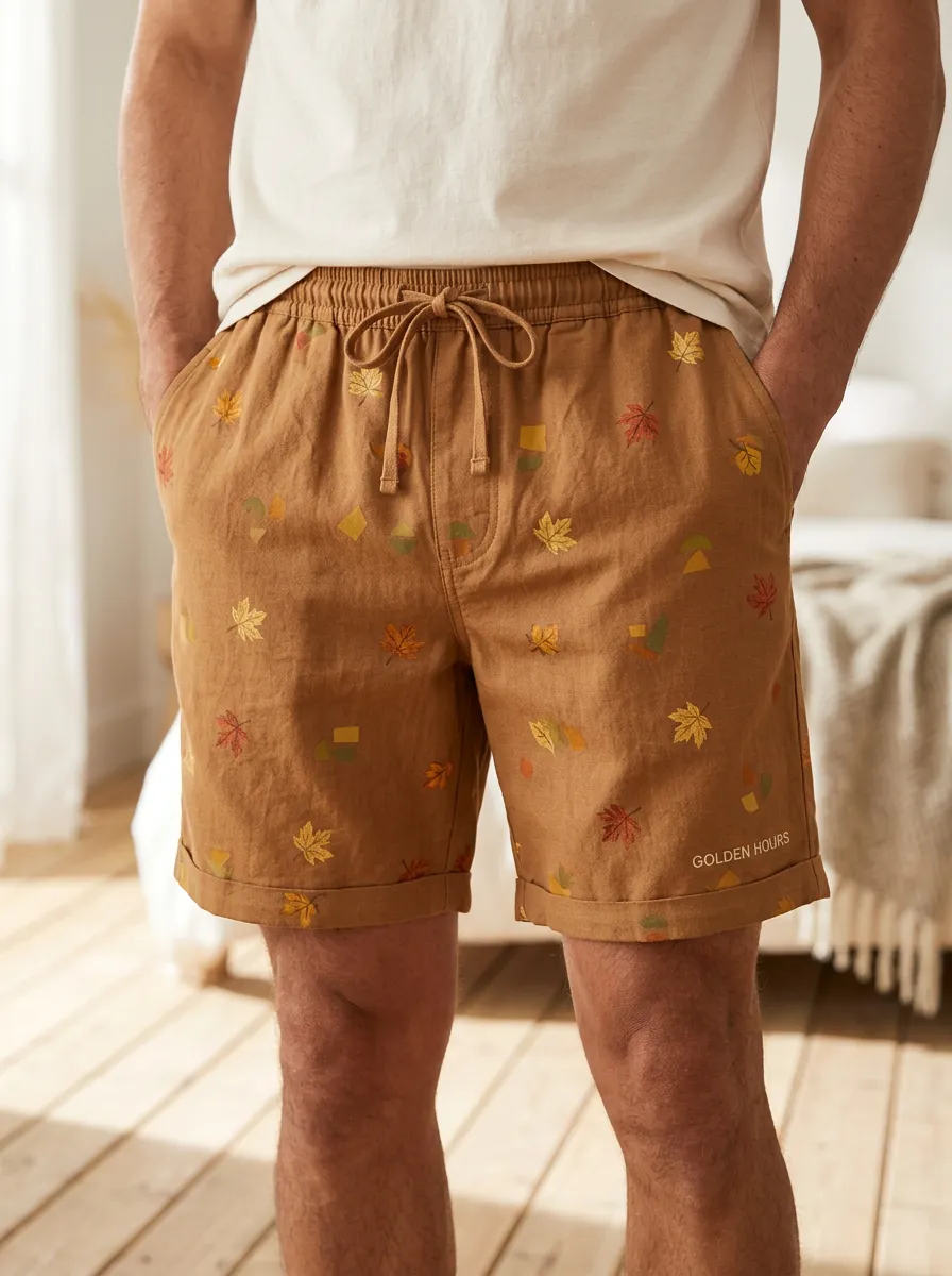 Tan Leaf Print Drawstring Shorts