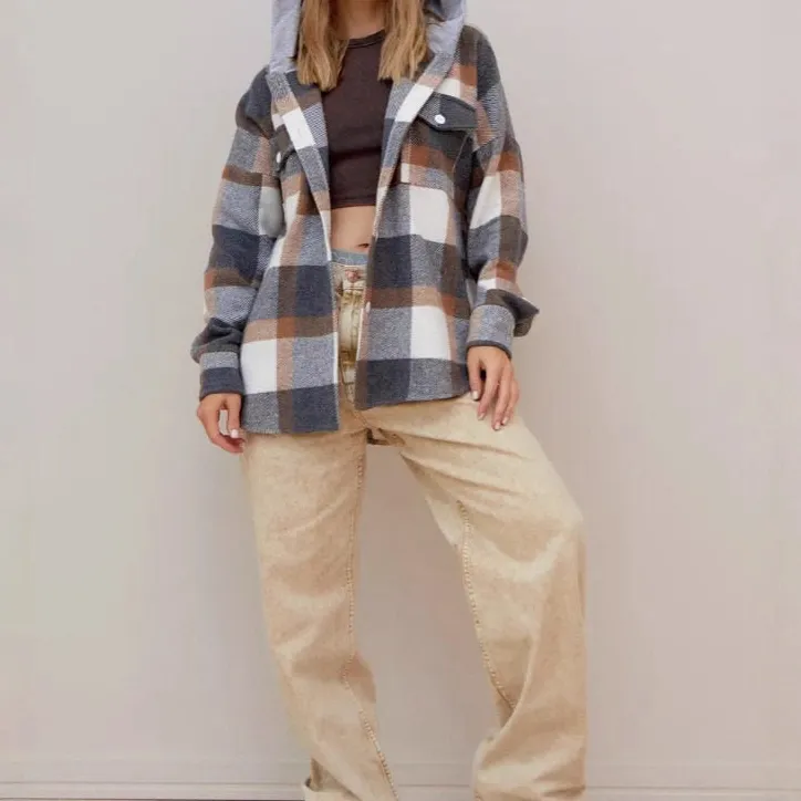 Hooded Plaid Wool-Blend Relaxed Outerwear Coat