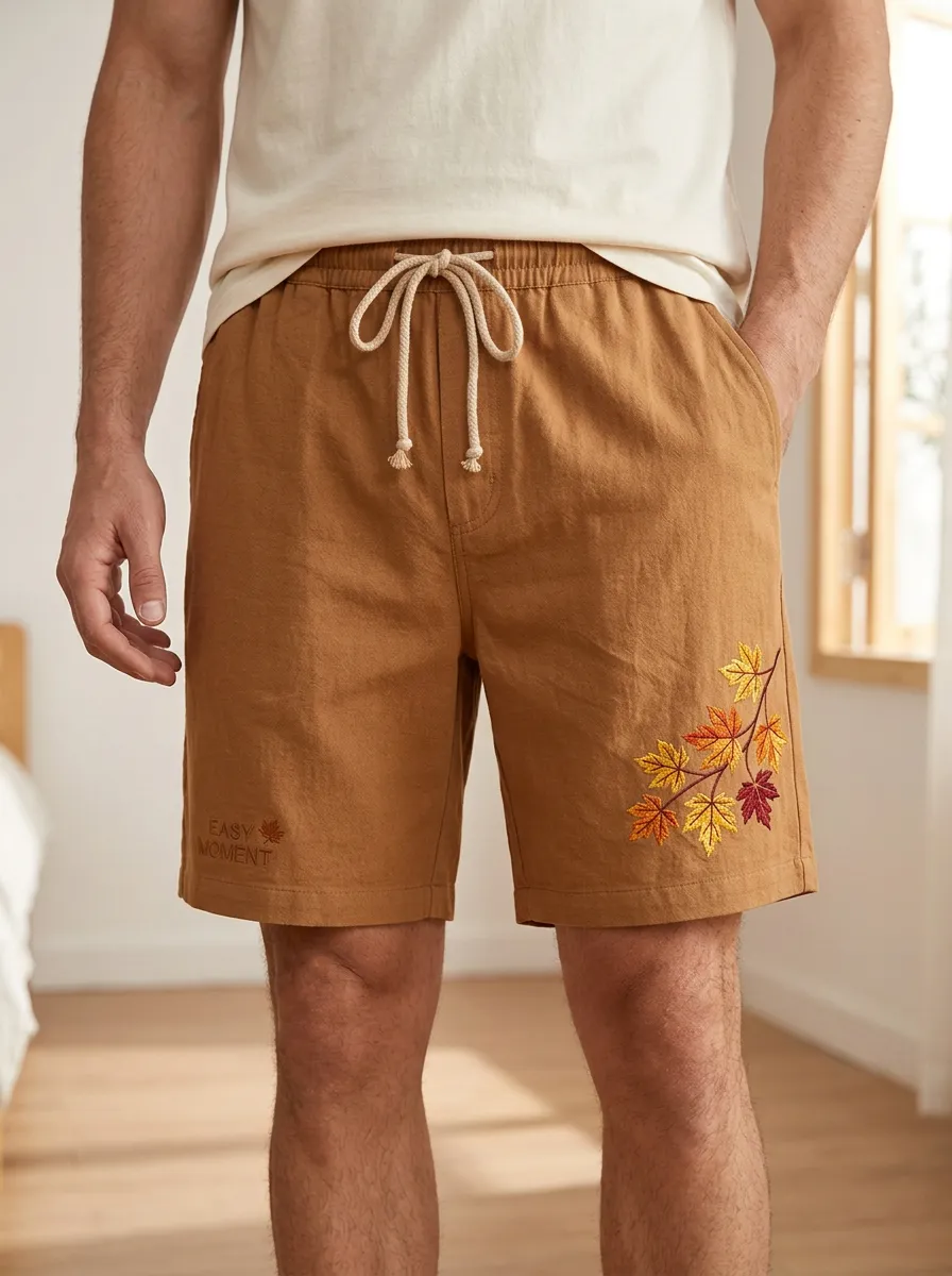 Tan Embroidered Leaf Detail Drawstring Embroidered Shorts