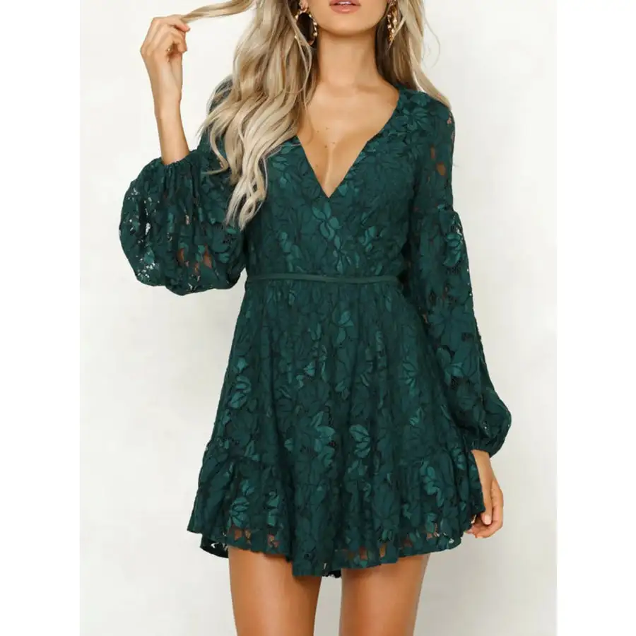 Lace V-Neck Long Sleeve Mini Dress