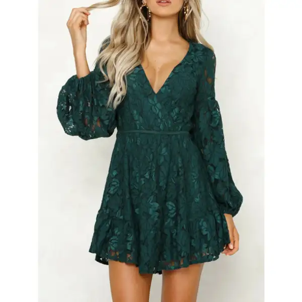 Lace V-Neck Long Sleeve Mini Dress