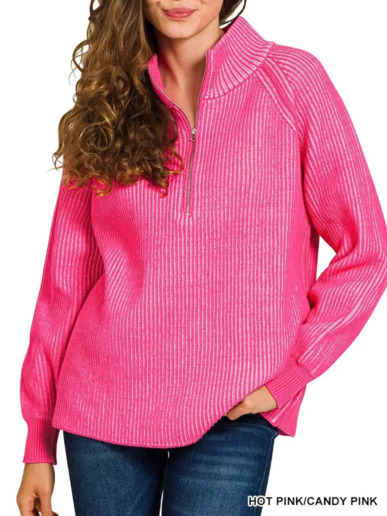 Half-Zip Ribbed Two Tone Sweater