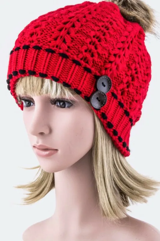 Button Accent Beanie With Faux Fur Pom