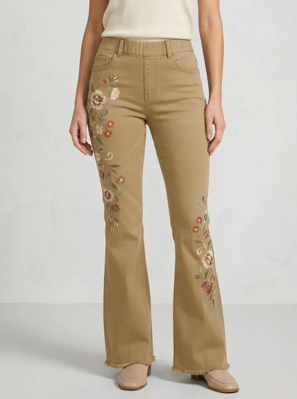 Women's Blue Floral Embroidery Pull-On Waist Flare Jeans