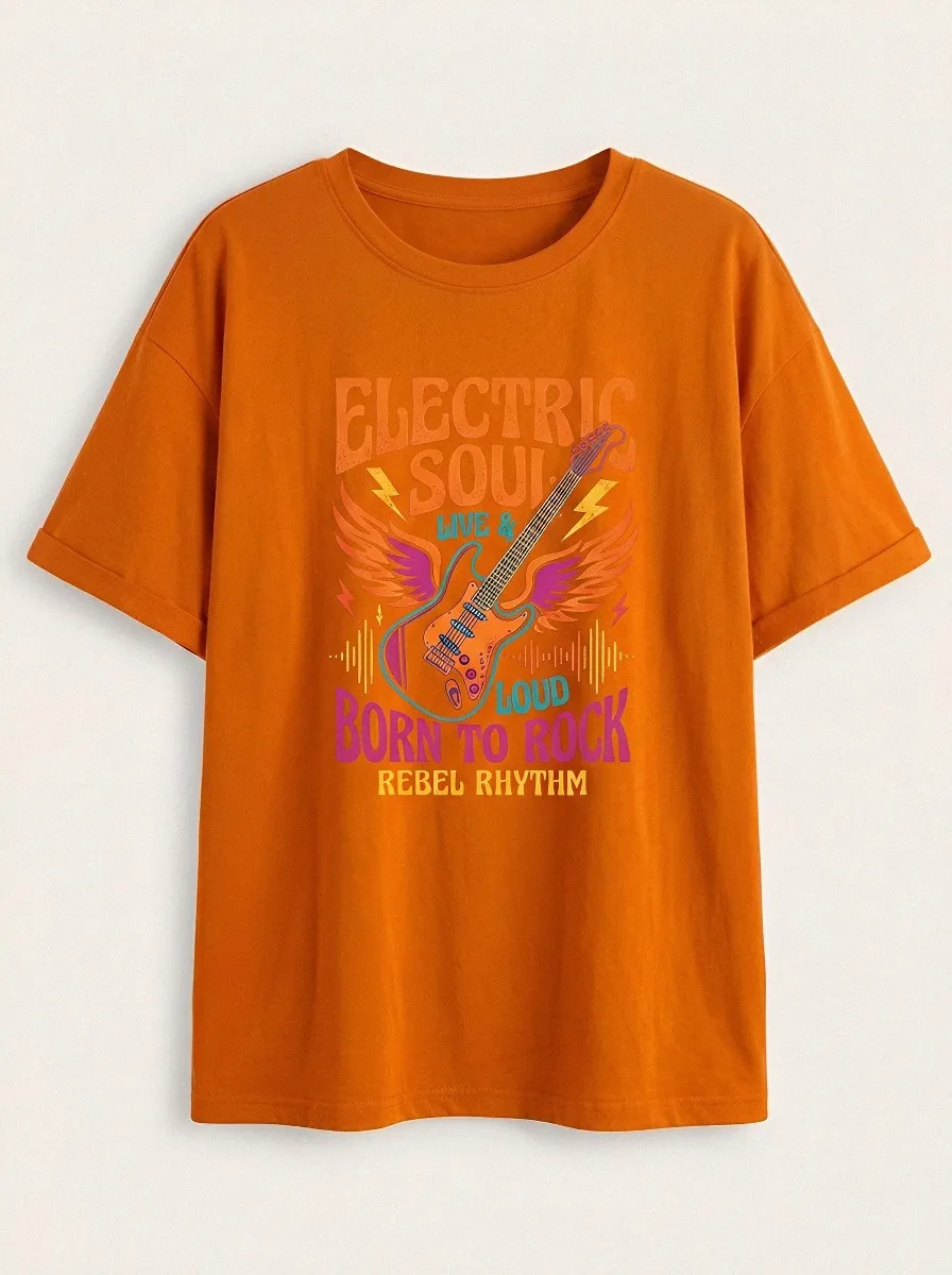 Unisex Rock Music Electric Guitar Winged Printed T-shirt