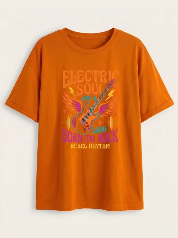 Unisex Rock Music Electric Guitar Winged Printed T-shirt
