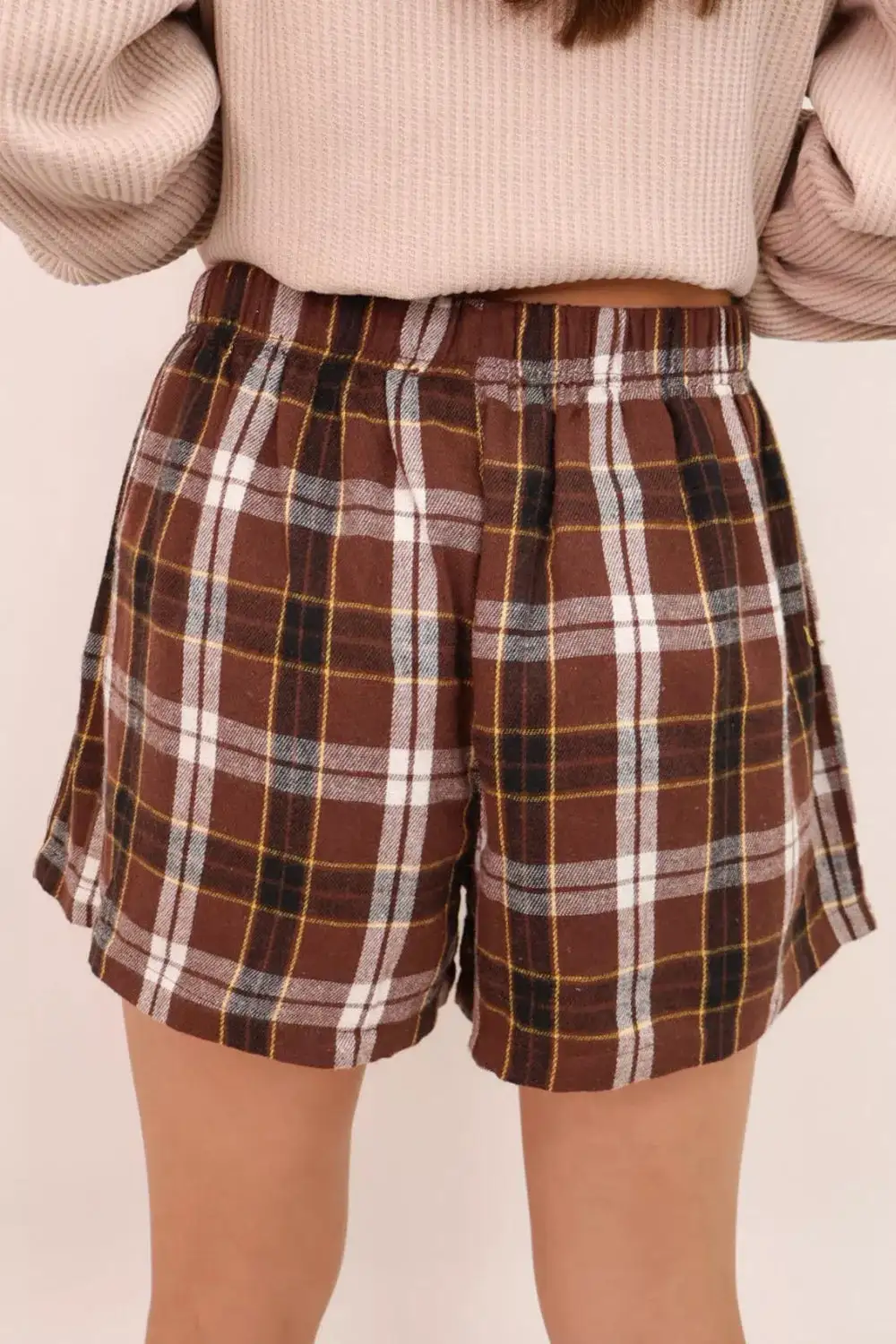Elastic-Waist Button-Front Cotton Plaid Casual Shorts