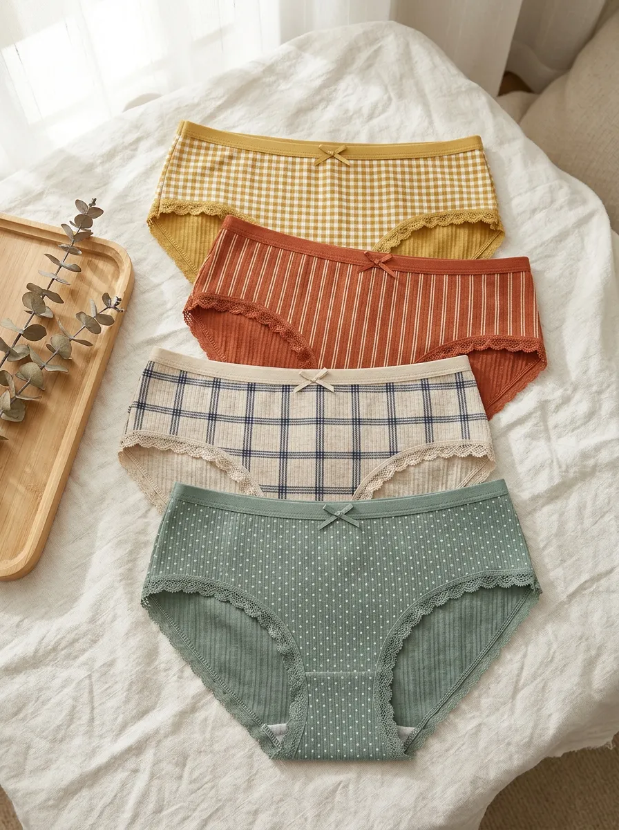 Women's Plaid Striped Polka Dot Printed 4-Pack Panties