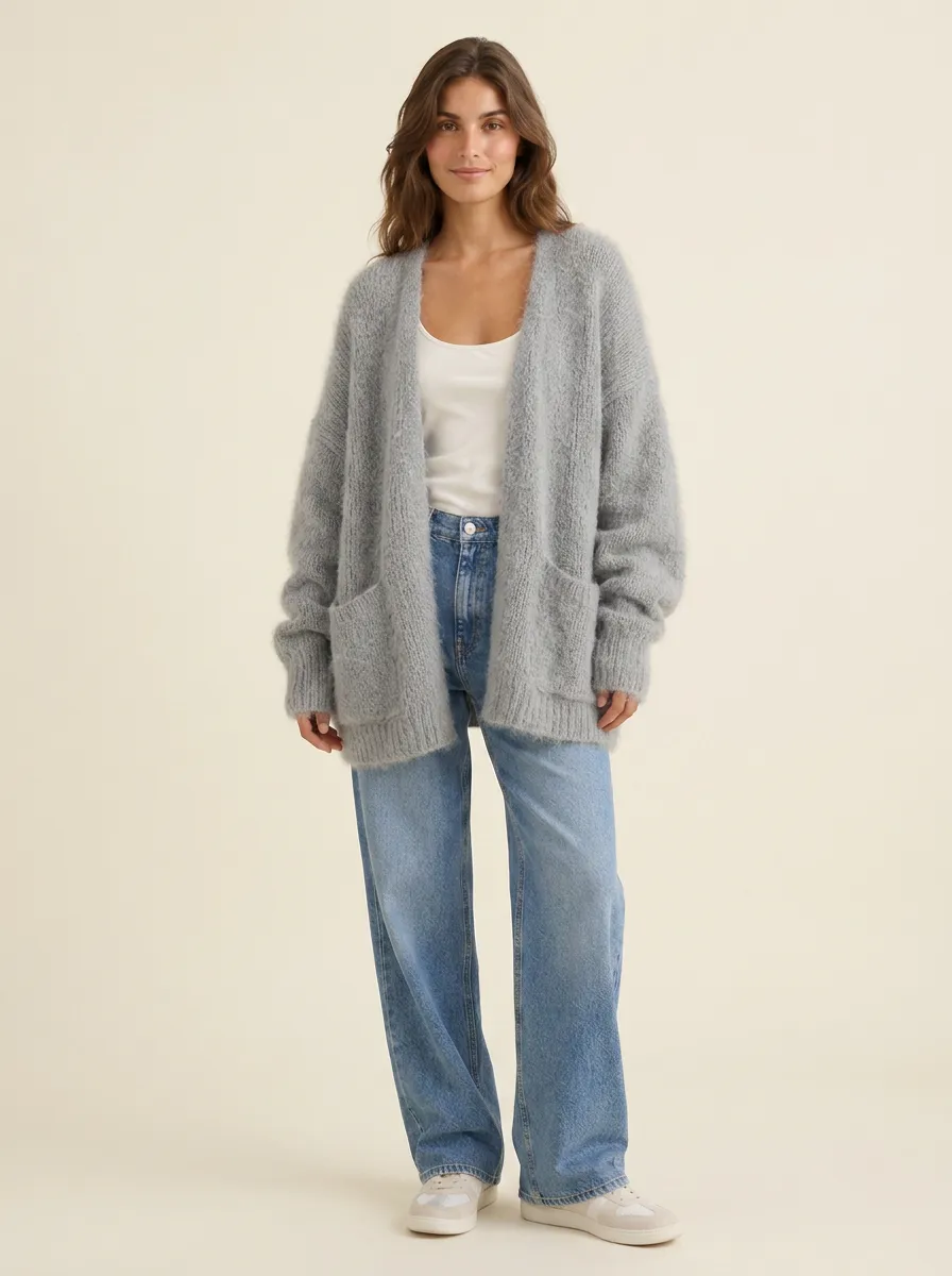 Women's Open-Front Fuzzy Knit Cardigan Open-Front