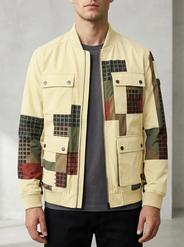 Patchwork Print Ribbed Trim Panel Detail Bomber Jacket