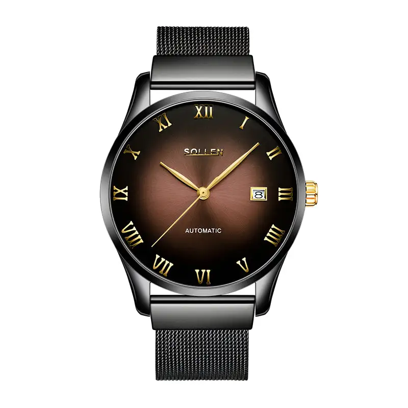Sollen 9012 Automatic Watch - Men's Roman Sunray Dial Slim Profile Stainless Steel Mesh Strap Wristwatch
