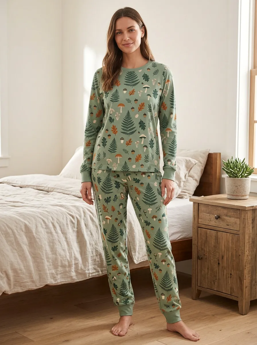 Women's Mushroom and Fern Cuffed Loungewear Set