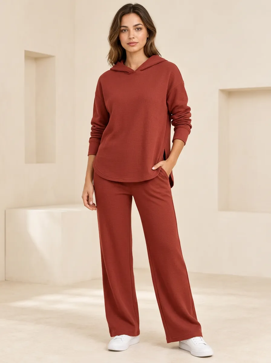 Women's Rust Waffle-Knit High-Low Hoodie and Wide-Leg Pant Set