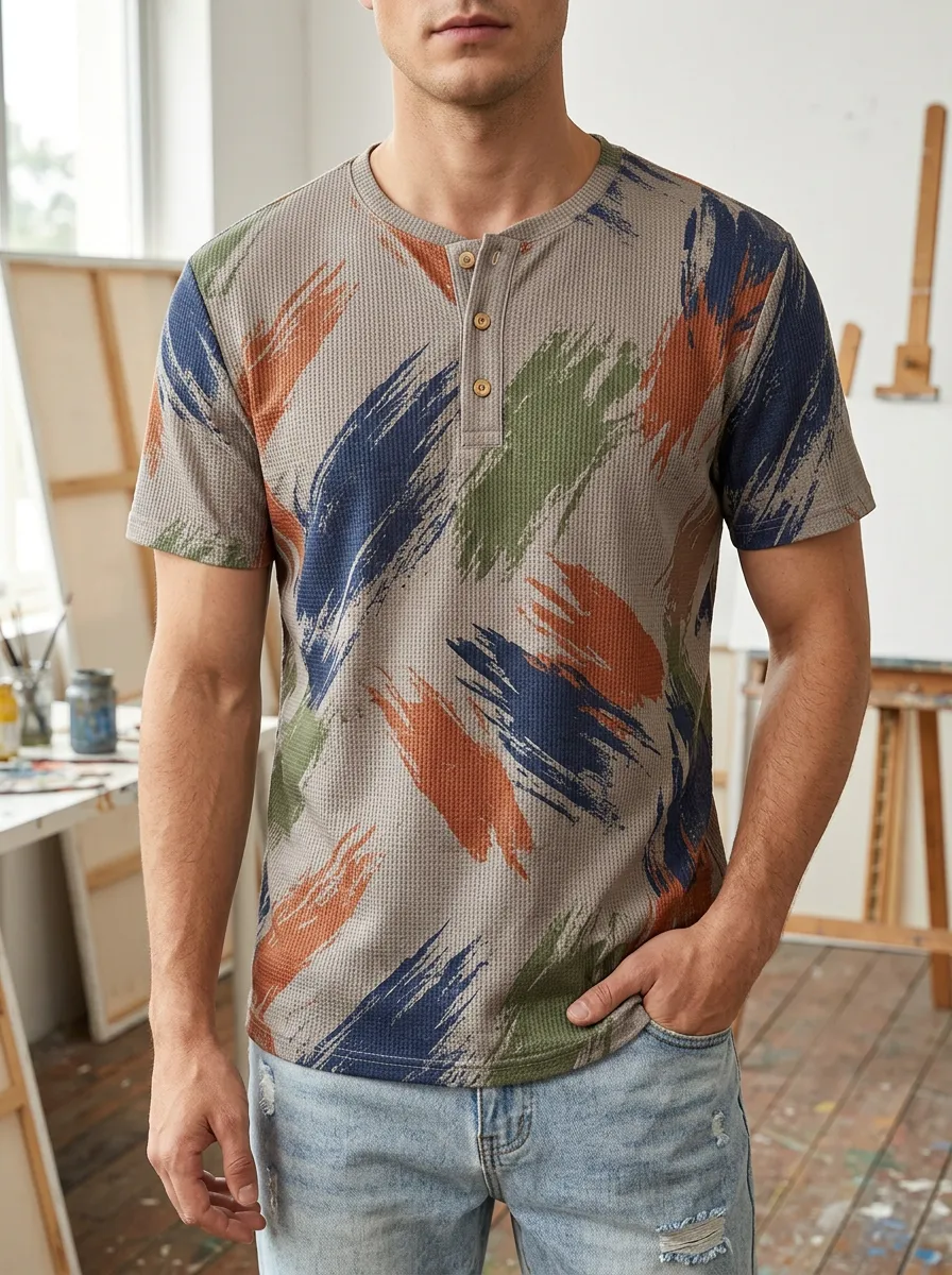 Men's Contemporary Abstract Brushstroke Waffle Knit Henley T-Shirt