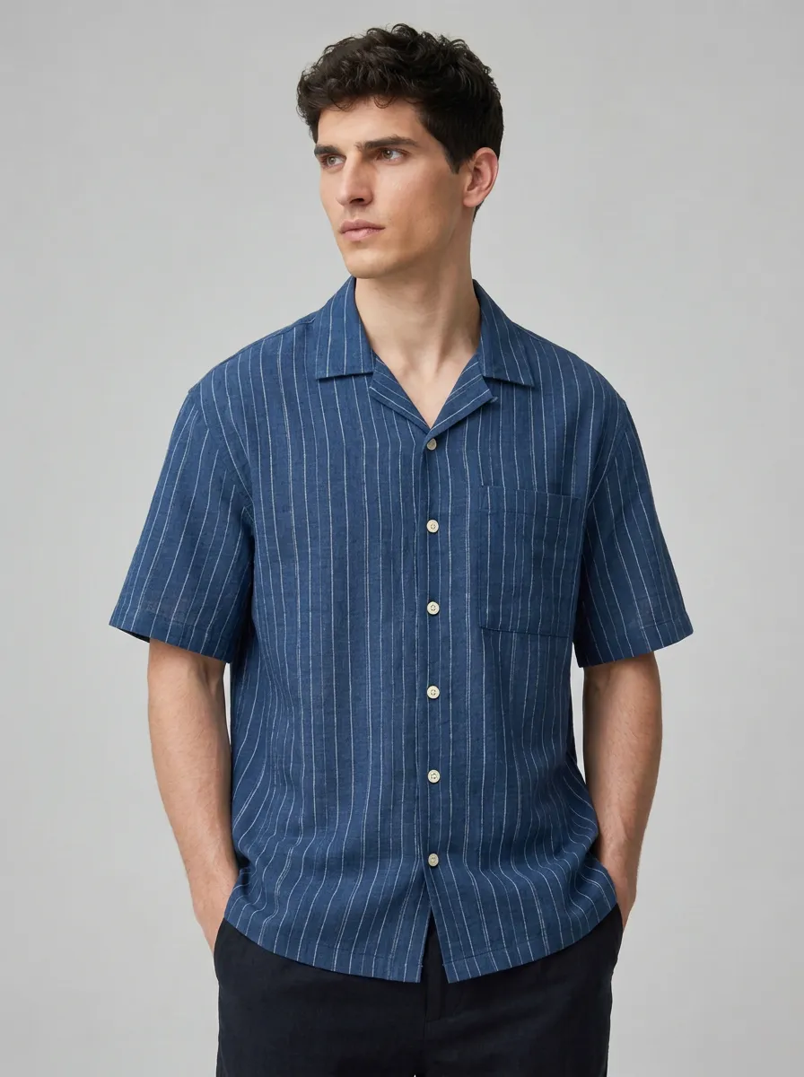 Men's Navy Striped Camp Collar Short Sleeve Shirt