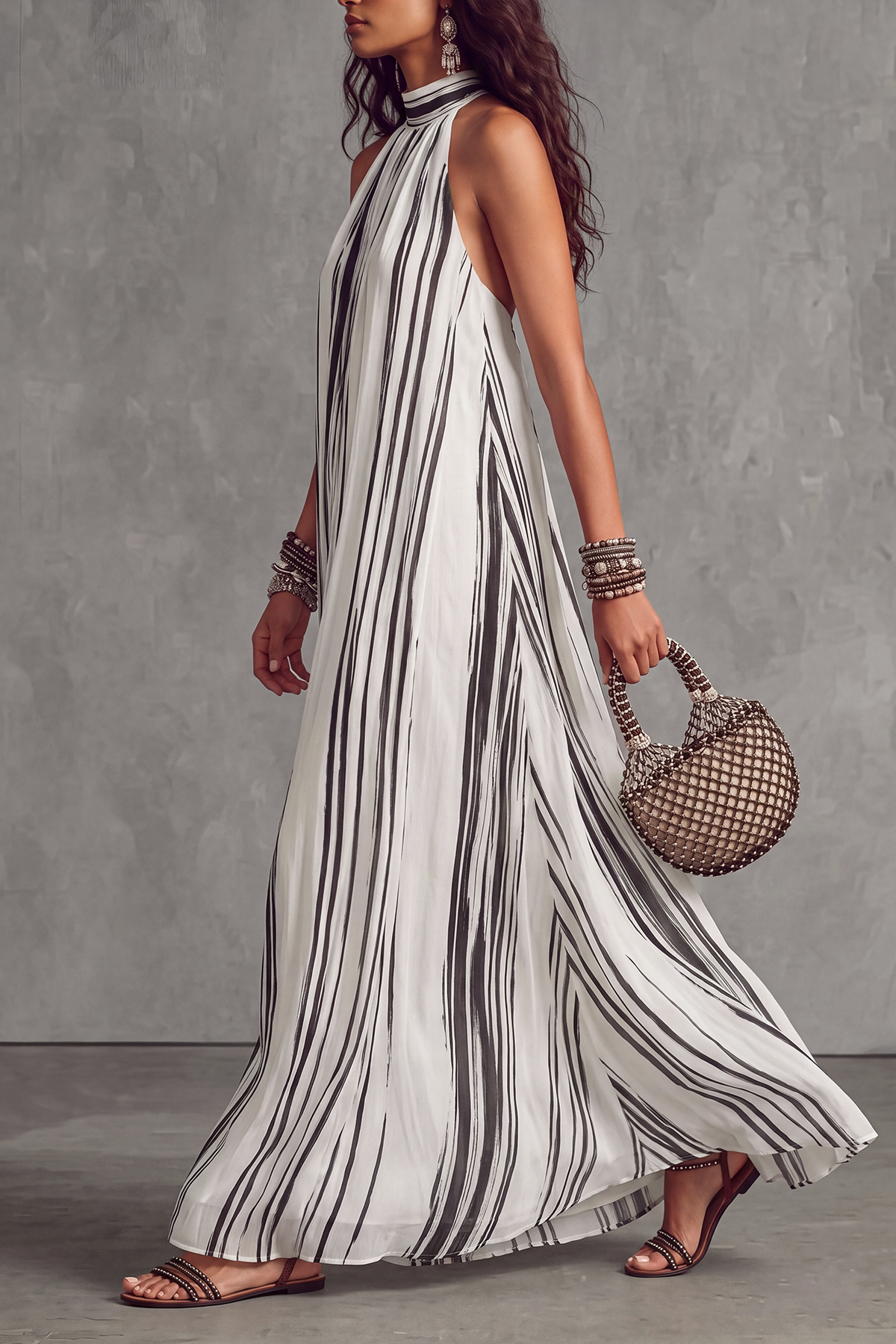 Halter Neck Striped Maxi Dress
