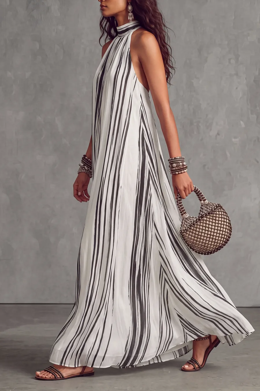 Halter Neck Striped Maxi Dress