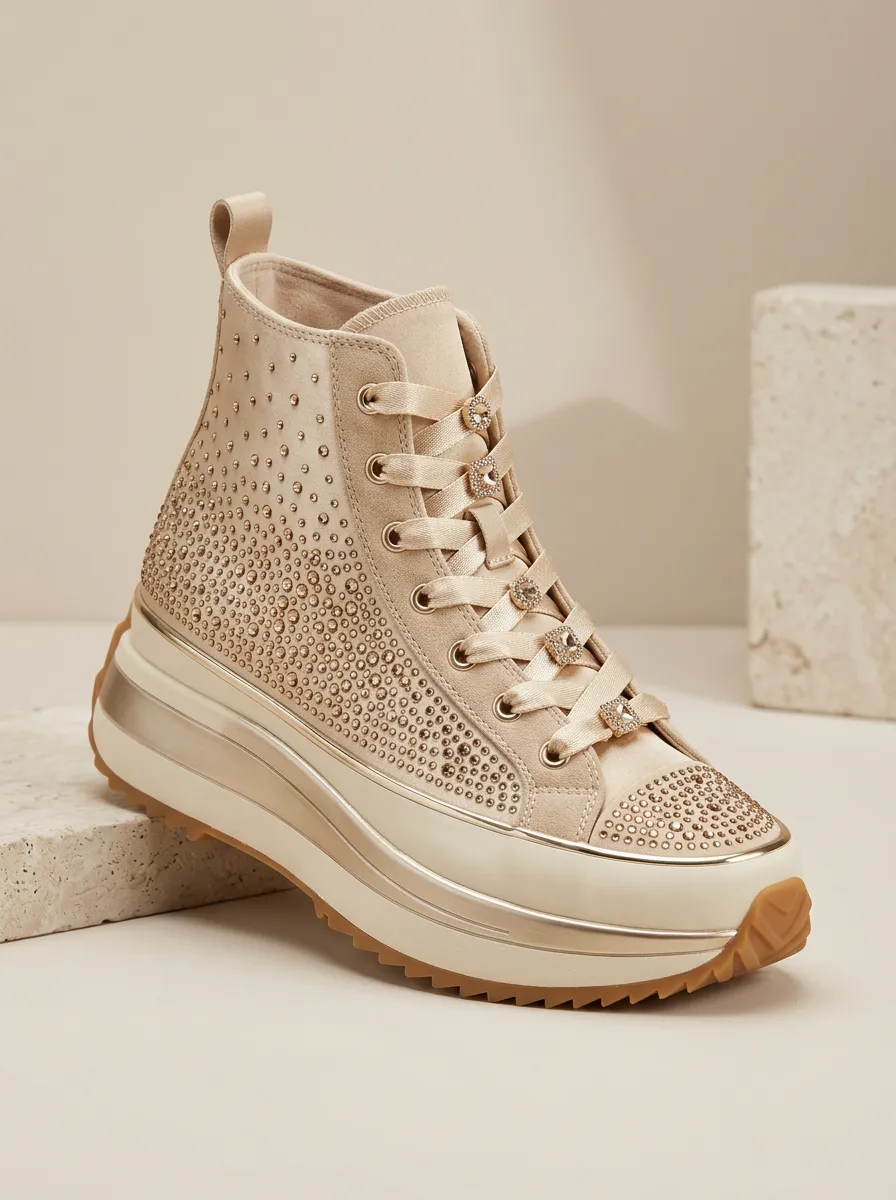 Lace-Detail Lace-Up Women's Rhinestone Platform Shoes