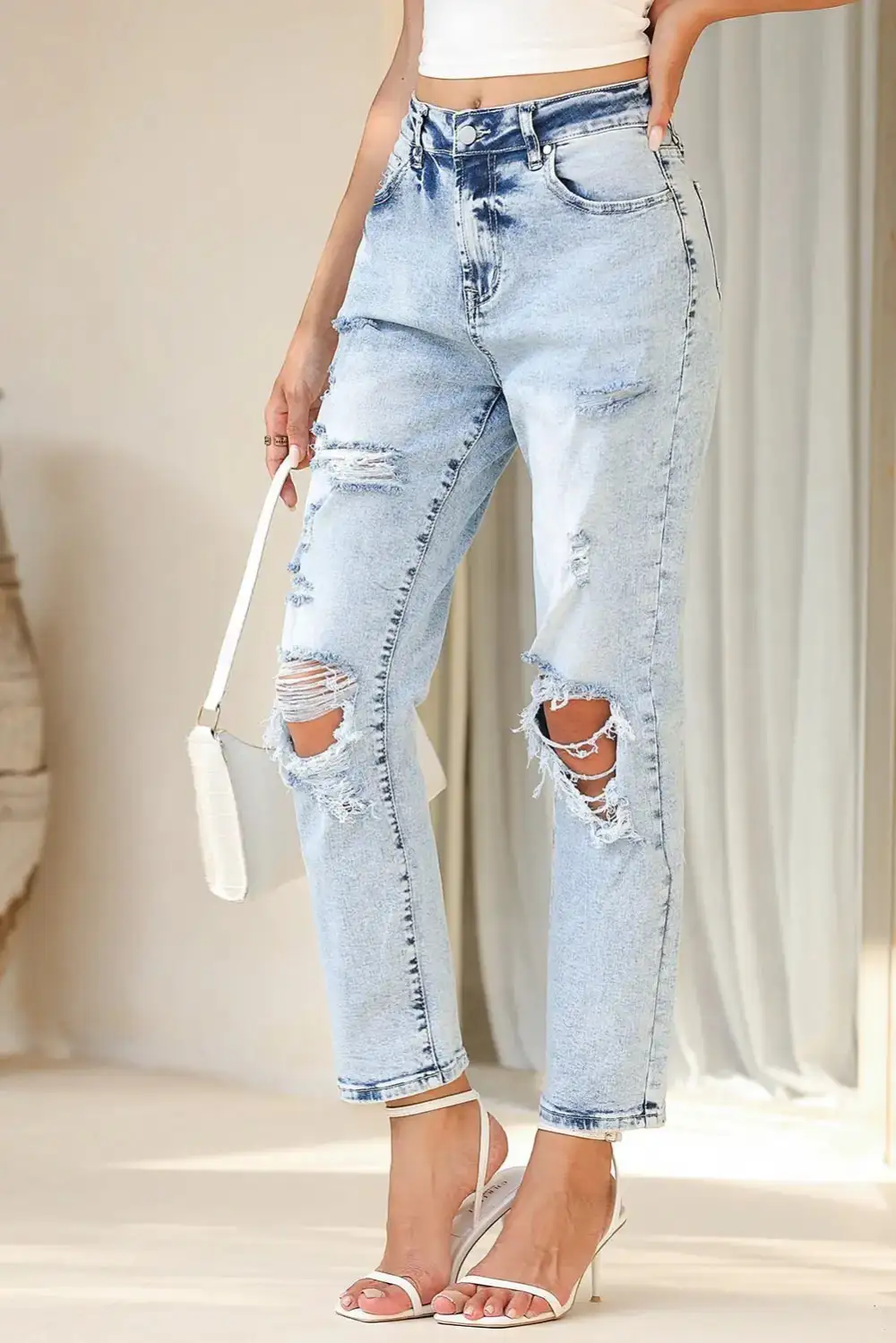 High Waist Distressed Frayed Hem Casual Jeans