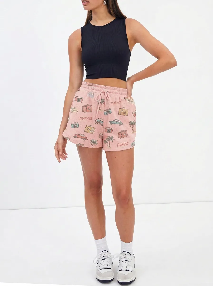 Women's Travel Vacation Postcard Car Palm Tree Graphic Shorts