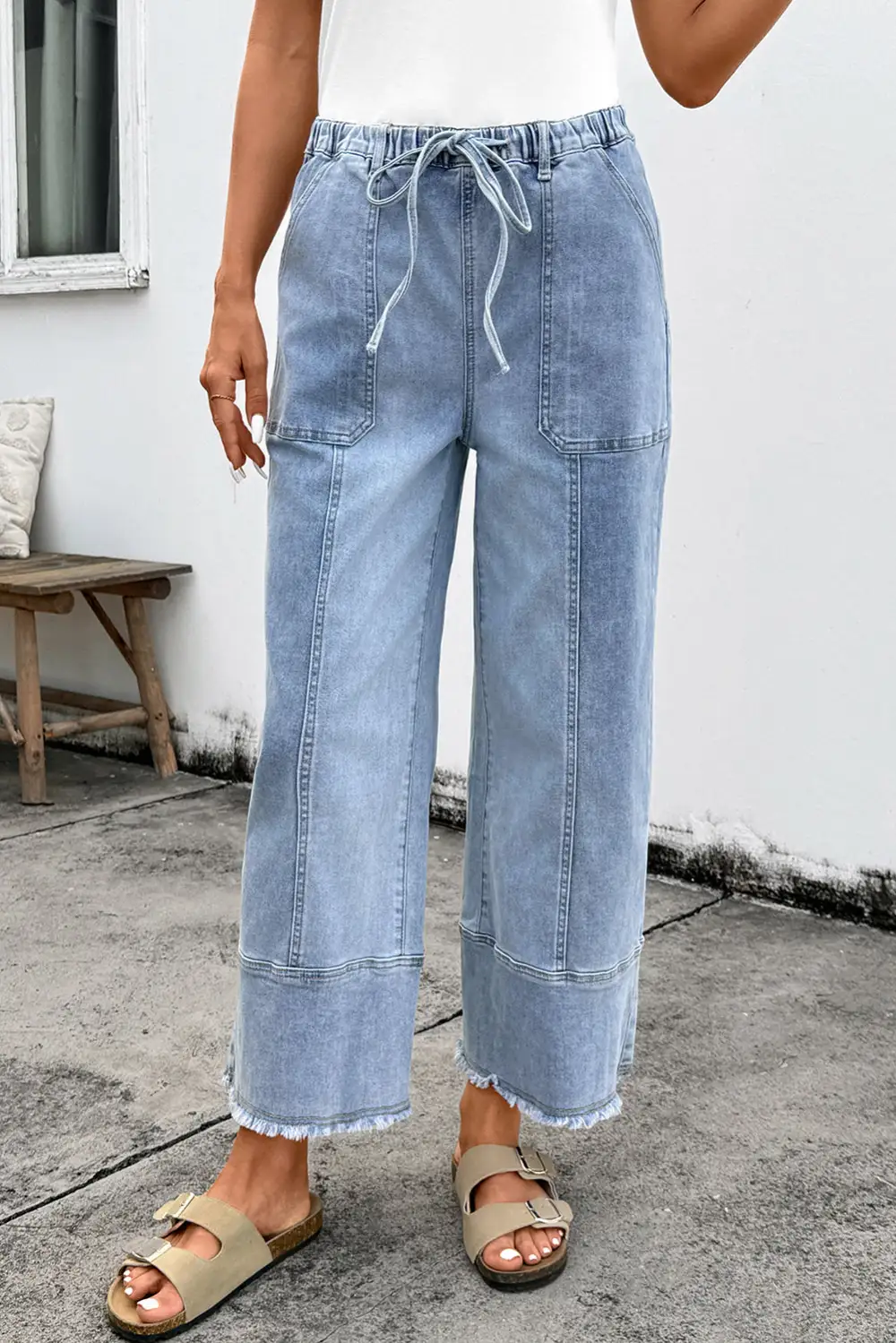 Women's Wide Leg Denim Pants With Drawstring Seam Detail