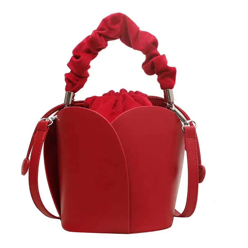 Faux Leather Pleated Drawstring Bucket Bag