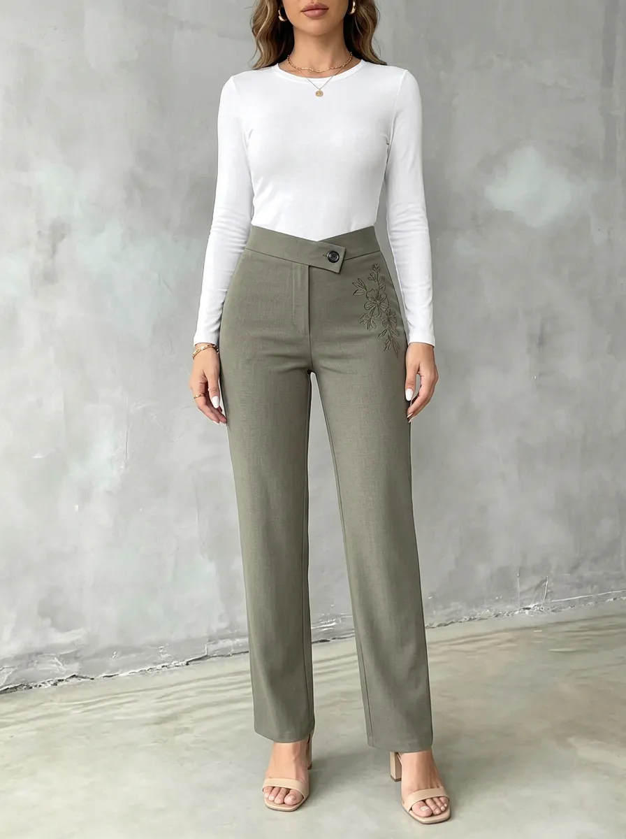 Women's Contemporary Everyday Floral Embroidered Mid Rise Straight Leg Pants