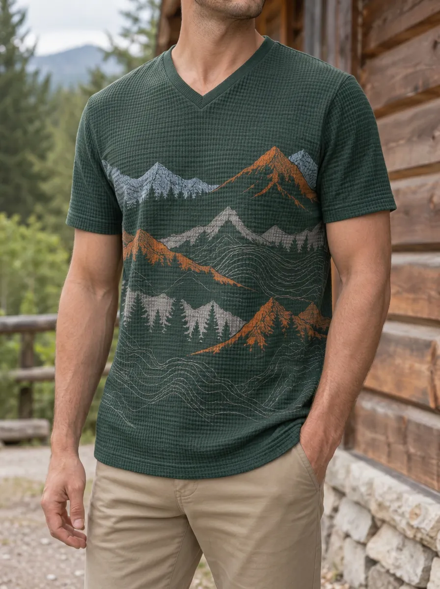 Men's Outdoor Nature Lover Mountain Forest Landscape V-Neck T-Shirt