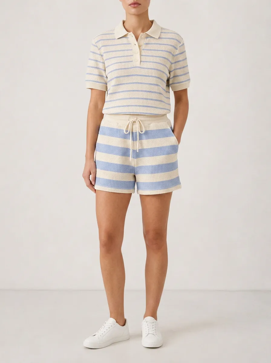 Unisex Casual Striped Waffle Knit Polo Shirt