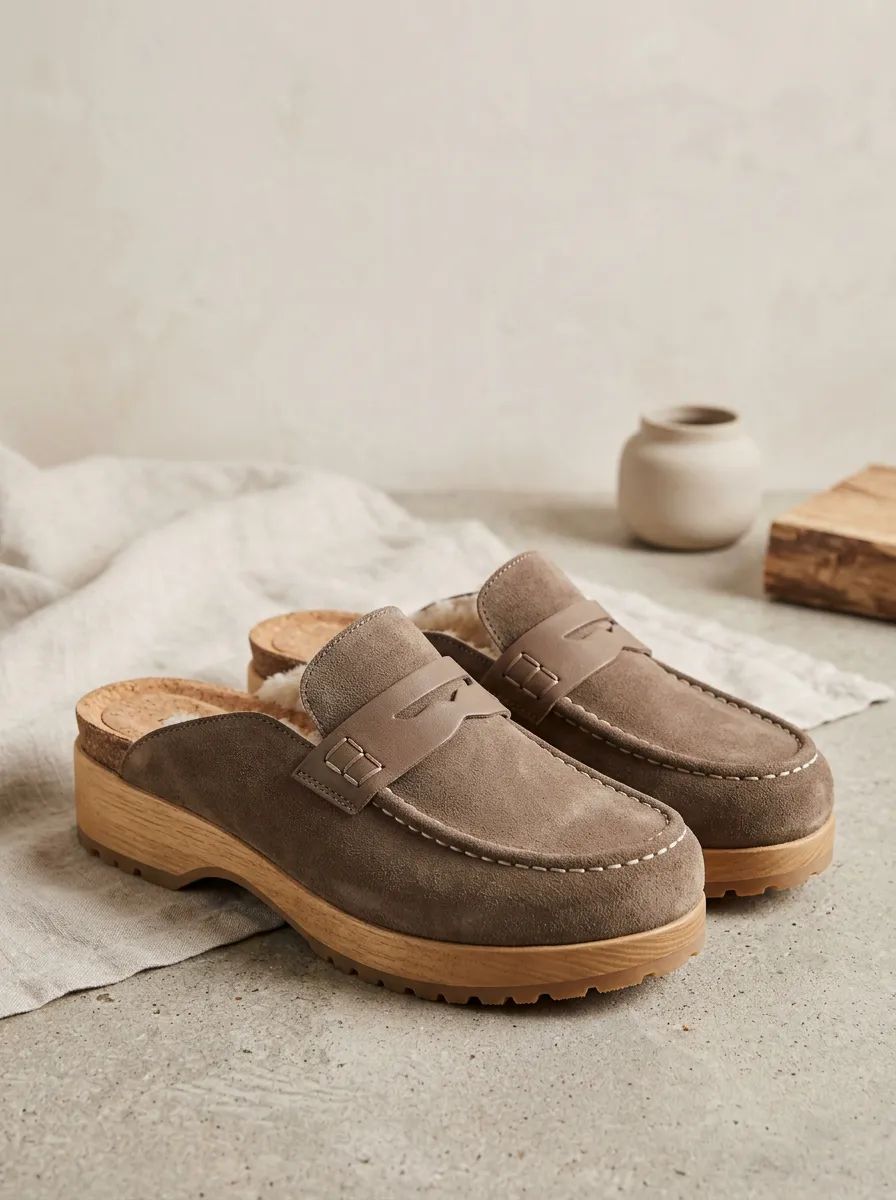 Women's Platform Clog Style Minimalist Suede Wood Sole Loafers
