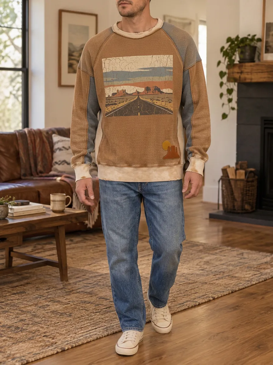 Men's Tan Graphic Textured Waffle Knit Crewneck Sweatshirt