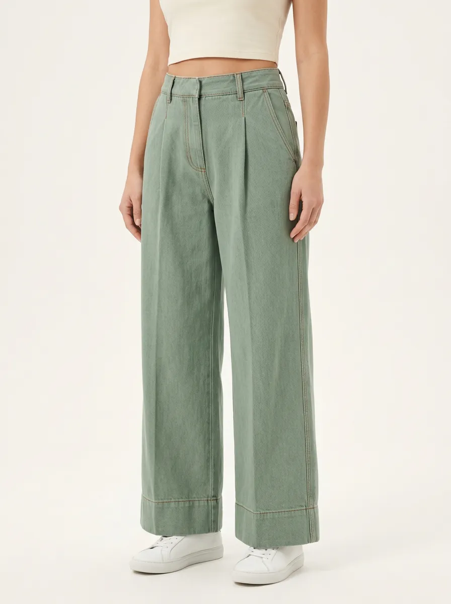 Women's Pleated Contrast-Stitch Wide-Leg Trousers