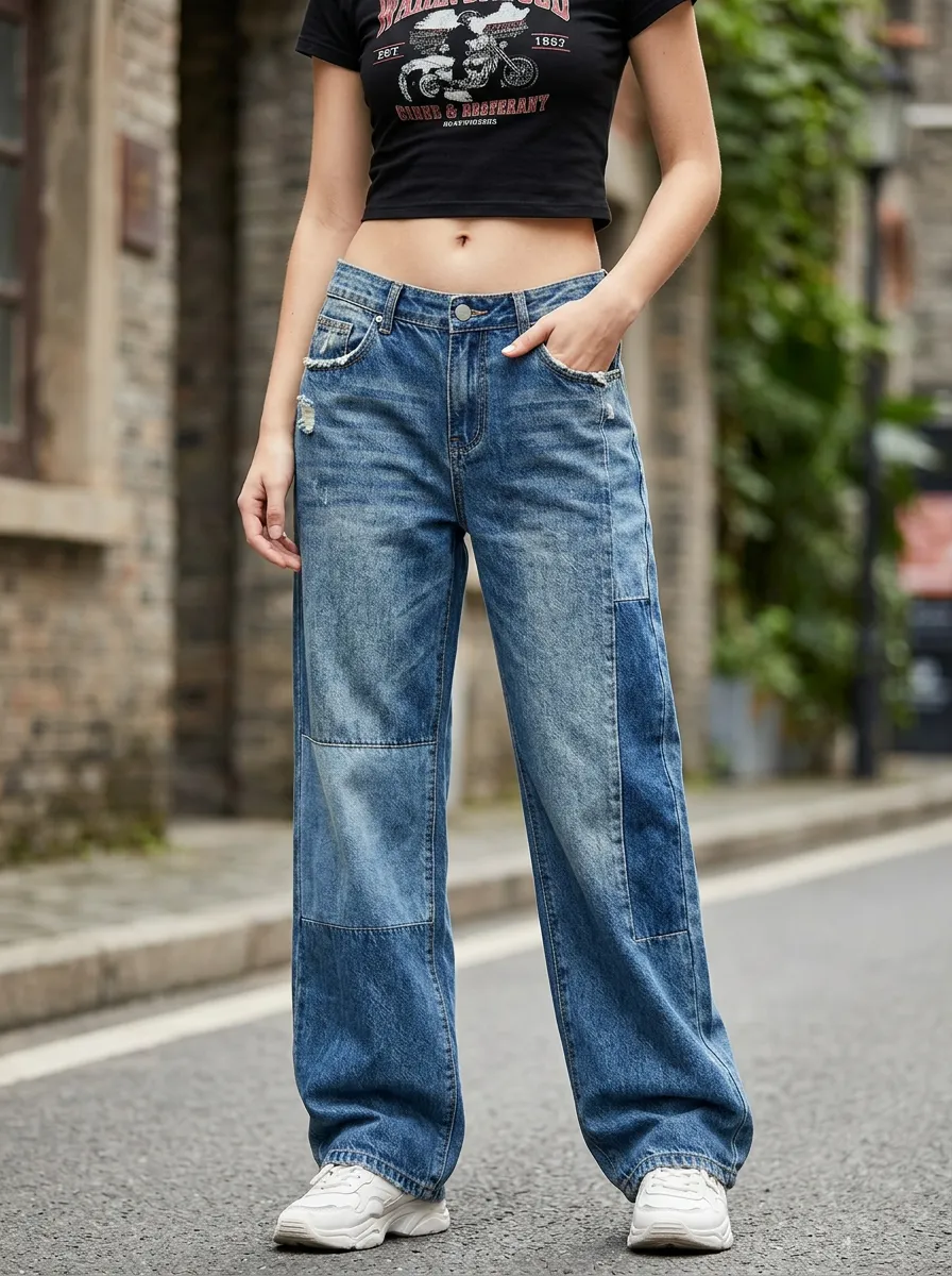 Women's Vintage Style Distressed Patchwork Printed Jeans
