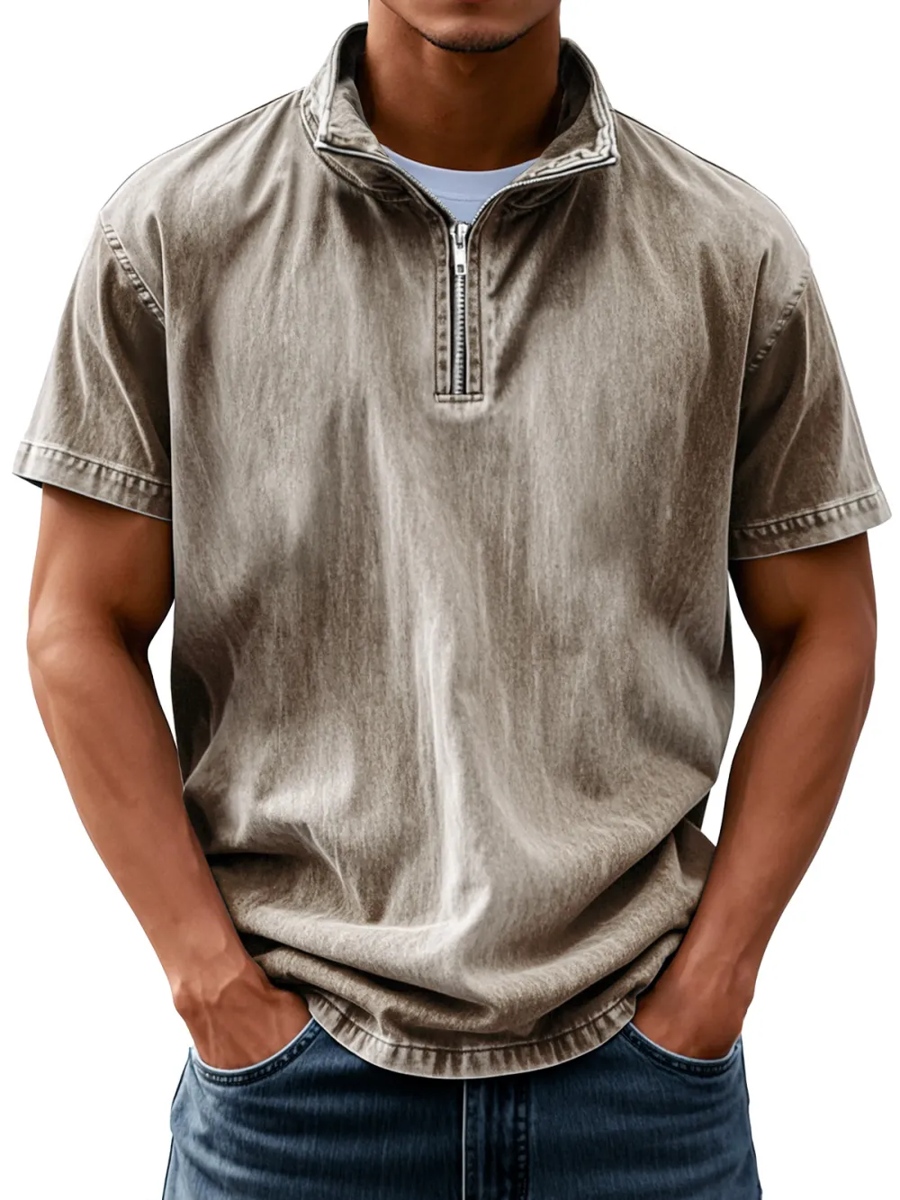 Short Sleeve Stand Collar Zip Front Shirt