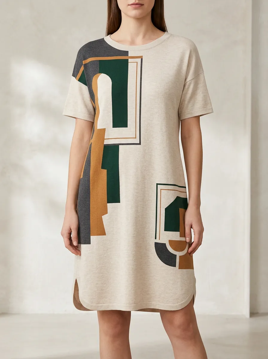 Women's Crew Neck Side-Slit Geometric Print Shift Dress