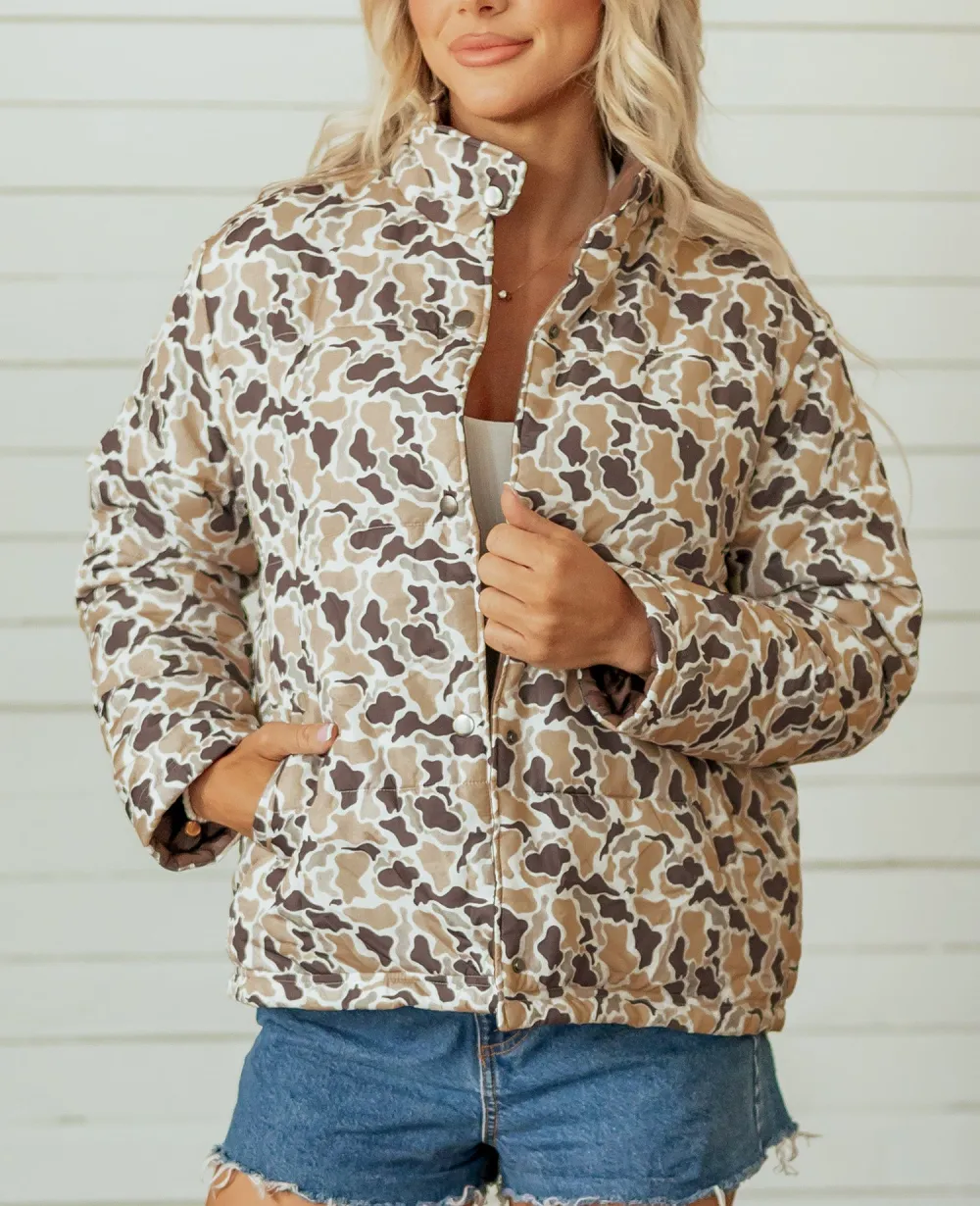 Women's Camouflage Quilted Metal Button Collar Long Sleeve Puffer Coat
