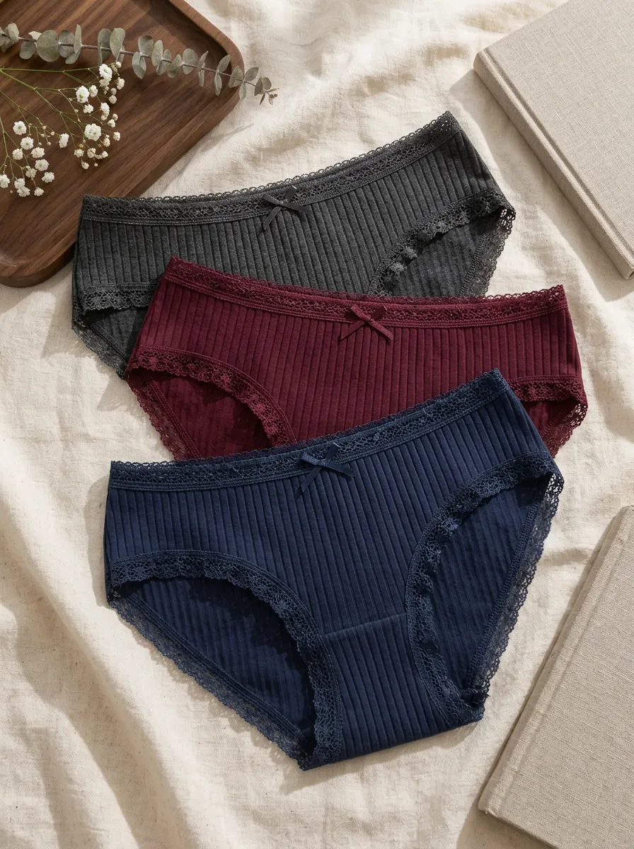 Women's Bow Detail Lace Trim Rib Texture 3-Pack Underwear Set