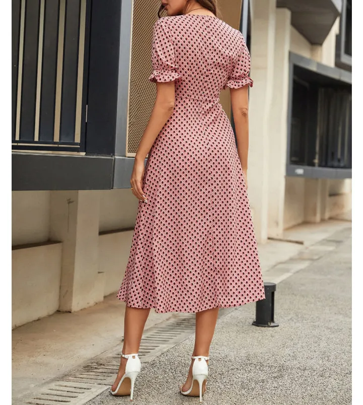 V-Neck Flounce Sleeve Midi Dress