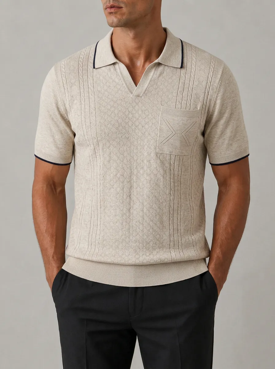 Men's Casual Beige Cable Knit Textured Pocket Polo Shirt