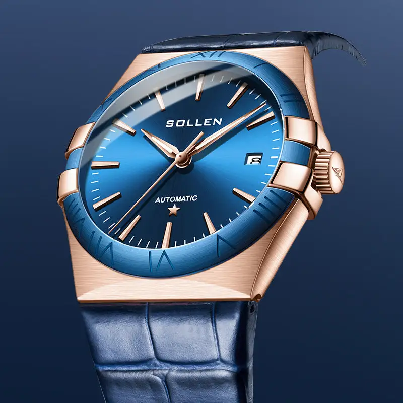 Sollen 9065 Automatic Watch - Men's Dress 12 Bar Marker Date Blue Sunray Dial Genuine Leather Strap Wristwatch