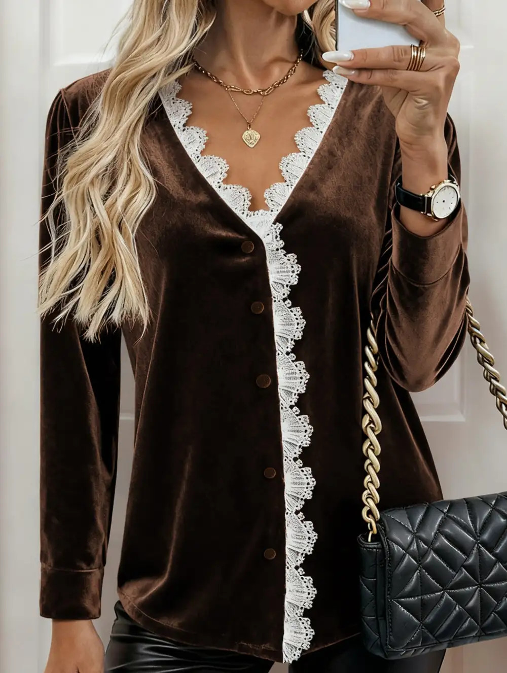 Retro V Neck Lace Trimmed Velvet Top
