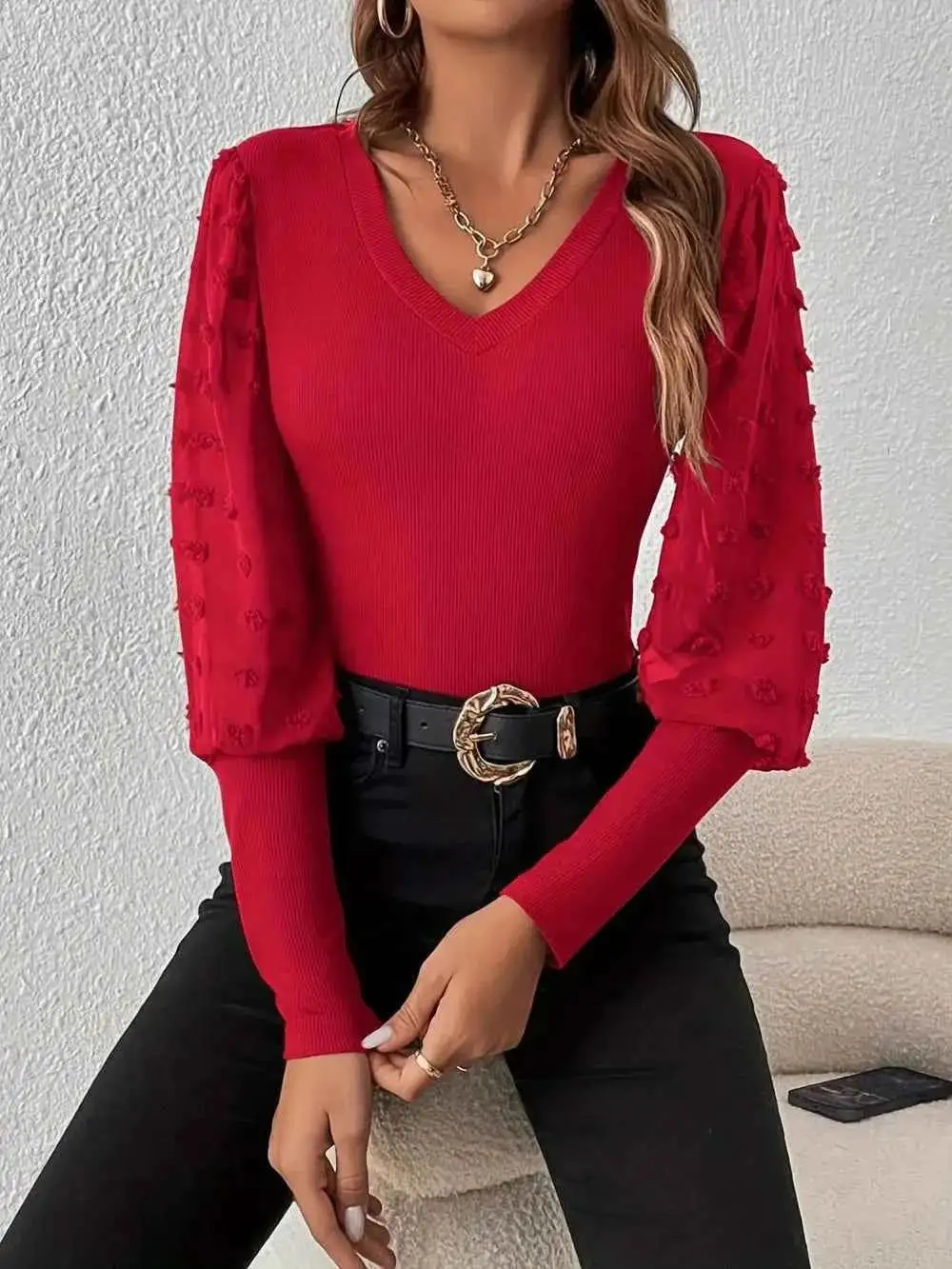 Dot Texture V-Neck Long Sleeve Top