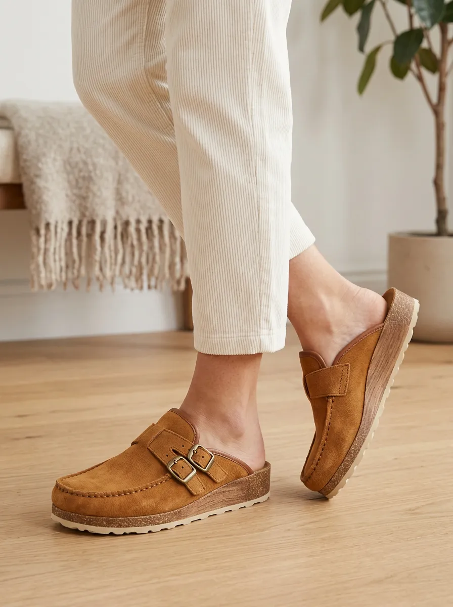 Women's Outdoor Buckle Detail Casual Suede Wood Sole Loafers