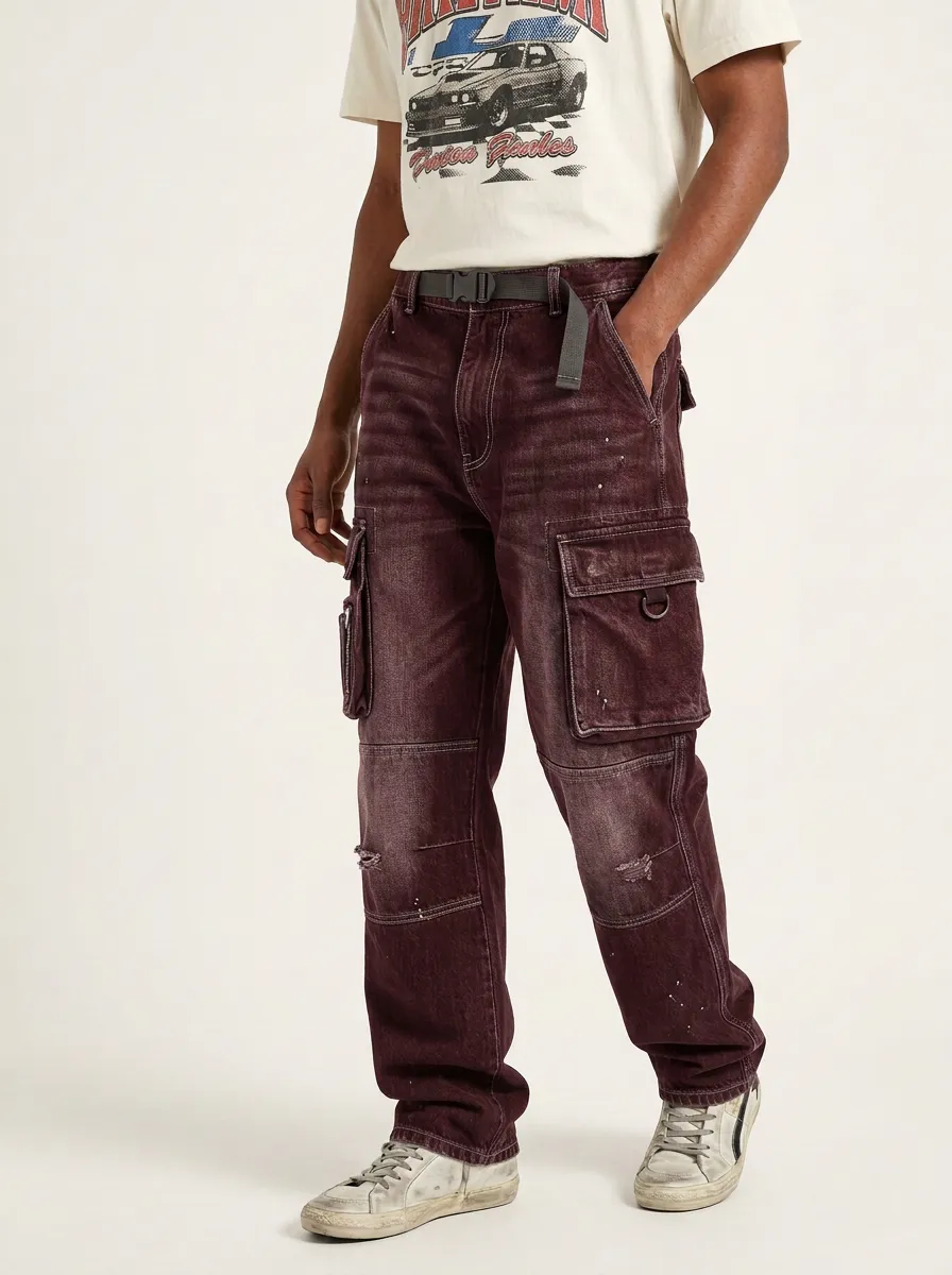 Men's Streetwear Distressed Black Cargo Jeans with Belt