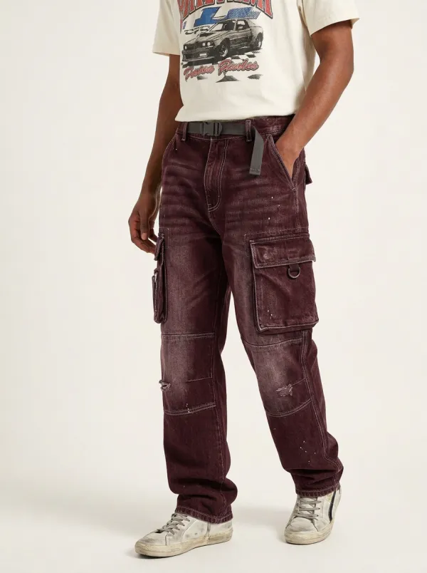 Men's Streetwear Distressed Black Cargo Jeans with Belt
