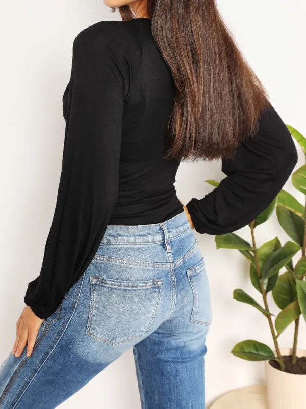 Rayon-Blend V-Neck Plunge-Neck Puff-Sleeve Fashion Bodysuit