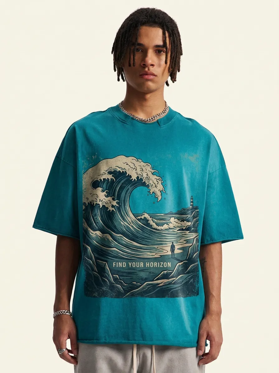 Men's Ocean Lover Great Wave Lighthouse Printed T-shirt