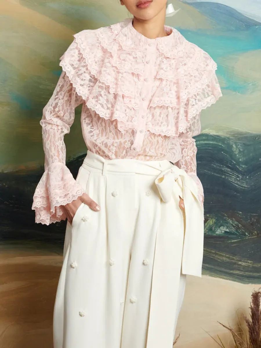Casual Regular Lace Ruffle Blouse