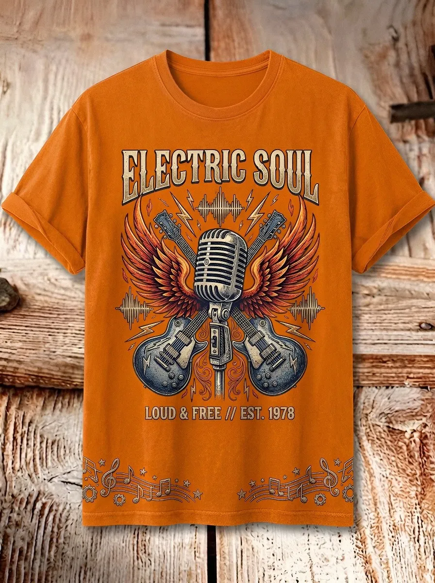 Unisex Rock Music Lover Electric Soul Winged Guitar Printed T-shirt