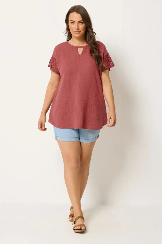 Rust Orange Cheesecloth Crochet Top detail 1